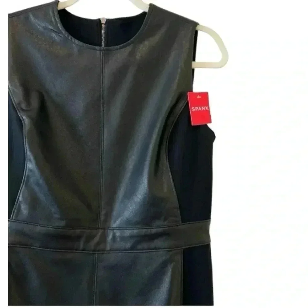 New SPANX Leather Ponte Midi Dress Sheath Stretch Faux Office Siren Boardroom